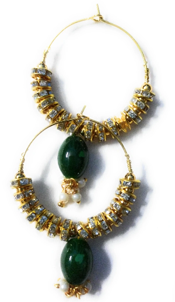 NIBRAS Deep Green Rhinestone Spacers Beads Drop Hoop Earrings - B09JKHD7D7, 10 gm, 6.5cm x 4cm x 1cm